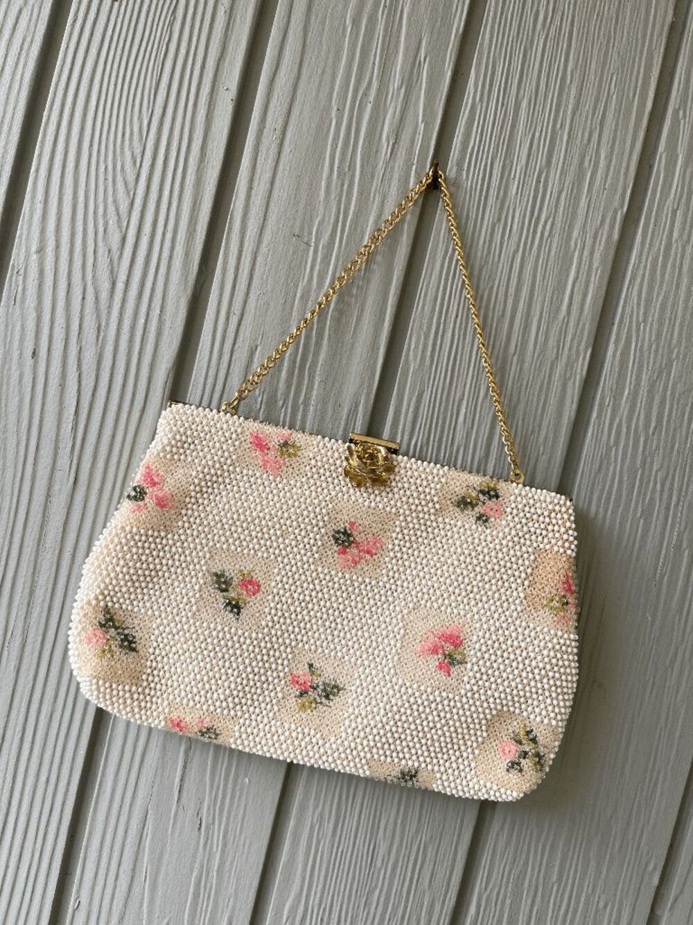 VTG 1950s Lumured Beaded Floral Evening Bag Purse Clutch Made in USA